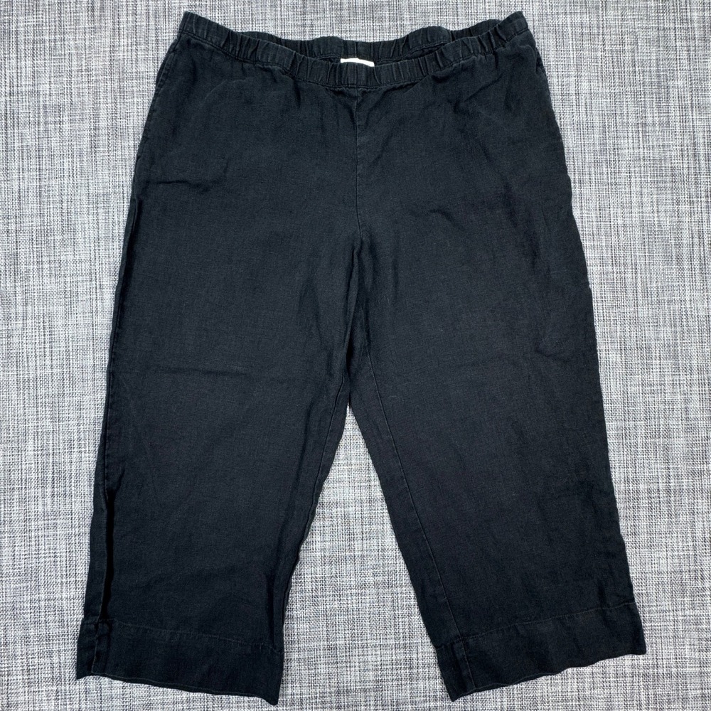 J Jill Love Linen Pants Womens Approx XL Black Cropped Pull On Wide Leg Elastic